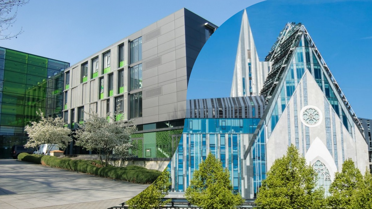 Informatikgebäude der TU Dresden (links) und der Universität Leipzig (rechts). Beide Gebäude sind sehr modern. Das würfelförmige Fakultätsgebäude der TU Dresden ist mit dunkelgrauen Paneelen und getöntem grünem Glas ausgestattet. Das Leipziger Gebäude ist eine moderne Neuinterpretation der Universitätskirche mit Spitzgiebel aus hellgrauem Beton und leicht blauen Glasfenstern.